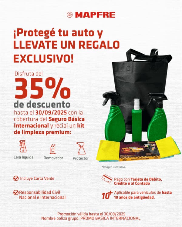 Promoción 35% de descuento en Seguro Básica Internacional de MAPFRE más kit de limpieza de regalo.