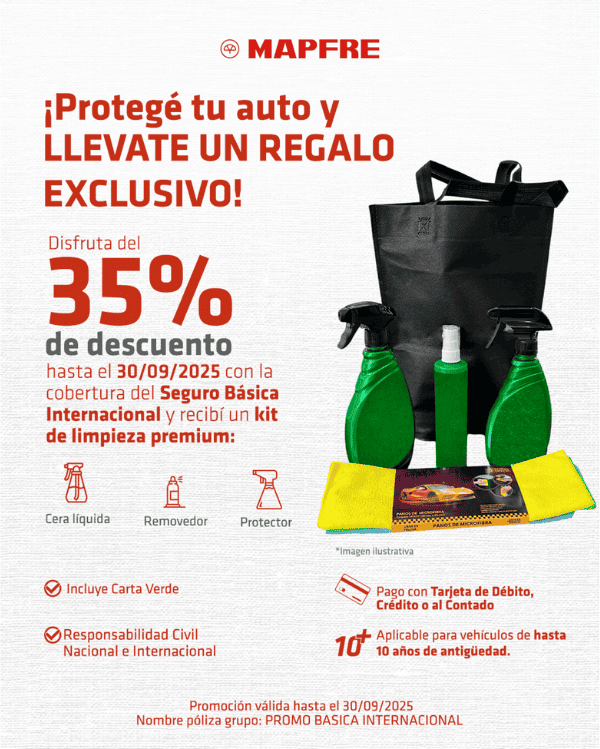 Promoción 35% de descuento en Seguro Básica Internacional de MAPFRE más kit de limpieza de regalo.